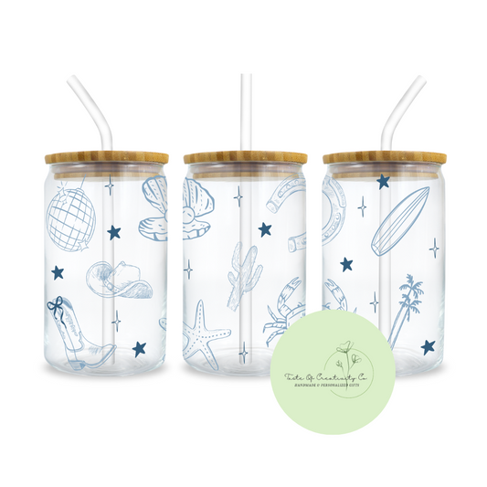 Disco Coastal Cowgirl Sketch Libbey Iced Coffee Glass w/ Bamboo Lid and Straw, Drinkware Gift, Coastal Cowgirl Collection
