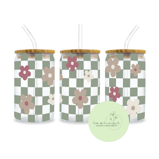 "Spring Sage Checker" Libbey Iced Coffee Glass w/ Bamboo Lid and Straw, Drinkware Gift, Gift for Her, Gingham Patterned Gift