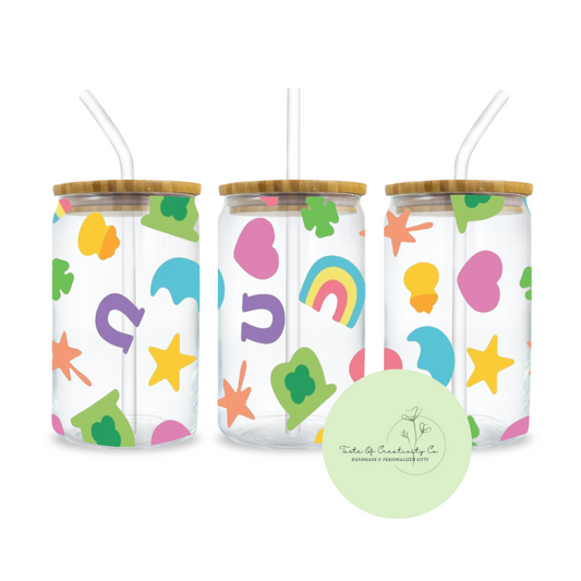 "Lucky Charms Marshmallows" Libbey Iced Coffee Glass w/ Bamboo Lid and Straw, Drinkware Gift, St. Patrick's Day Cup