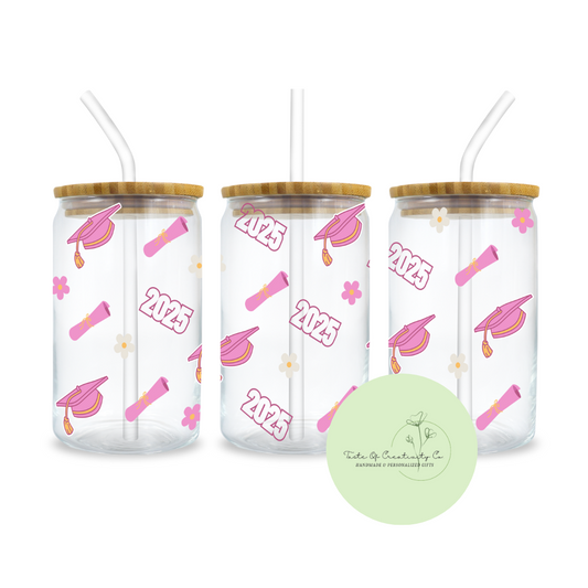 "Girly Graduate 2025" Libbey Iced Coffee Glass w/ Bamboo Lid and Straw, Drinkware Gift, Gift for Her, Gift for Graduate
