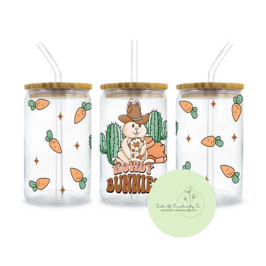 "Howdy Bunnies" Libbey Iced Coffee Glass w/ Bamboo Lid and Straw, Drinkware Gift, Easter Cup, Disco Cowgirl Collection