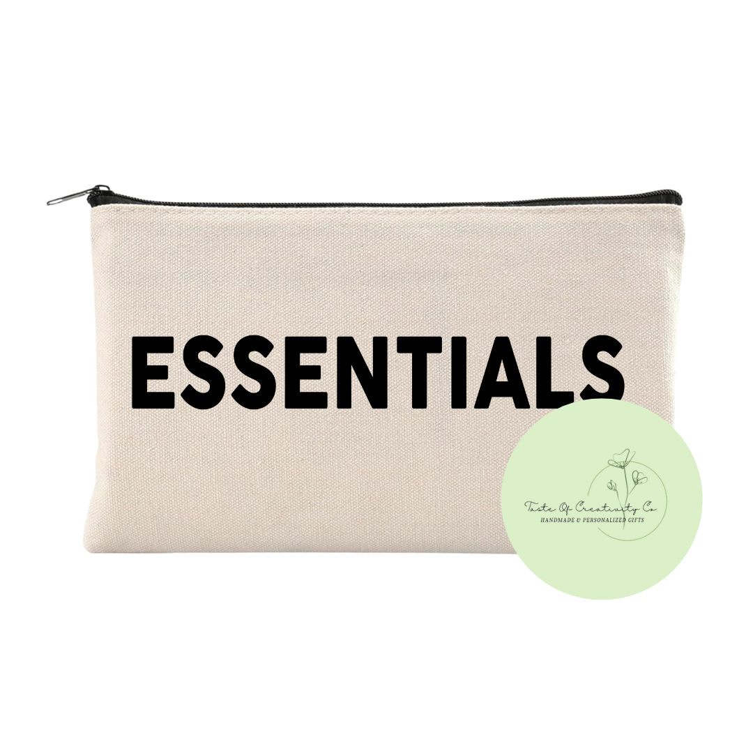 "ESSENTIALS" Canvas Zipper Bag, Organizer Pouch, Zippered Travel Bag, Accessory Bag