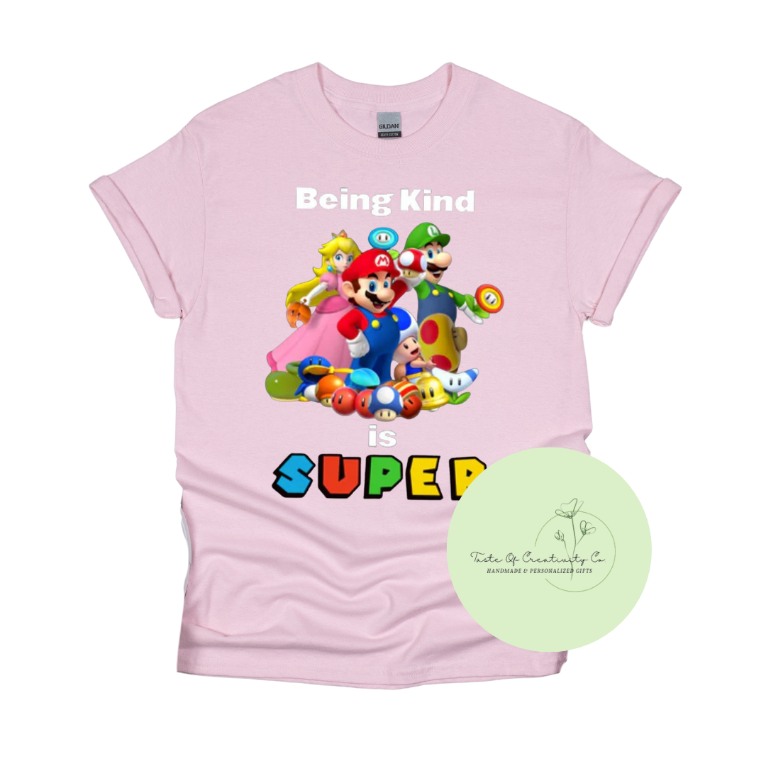 "Being Kind Is Super" T-Shirt, Anti-Bully Apparel, Pink Shirt Day, Super Mario Inspired, Kindness Matters Collection *10% OF PROCEEDS DONATED TO BBBS-GEHH*
