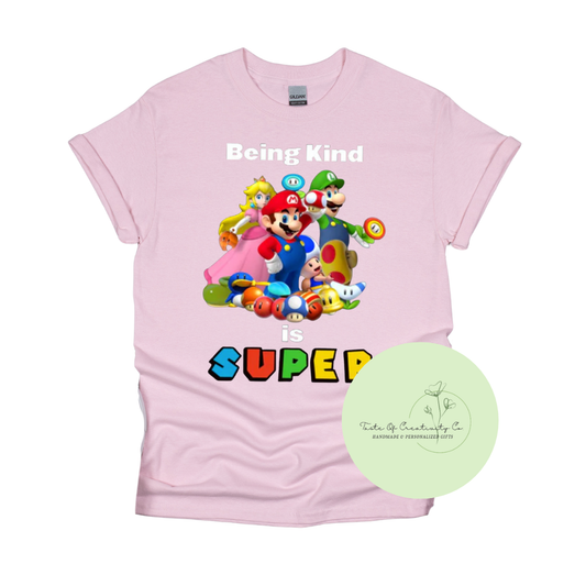 "Being Kind Is Super" T-Shirt, Anti-Bully Apparel, Pink Shirt Day, Super Mario Inspired, Kindness Matters Collection *10% OF PROCEEDS DONATED TO BBBS-GEHH*