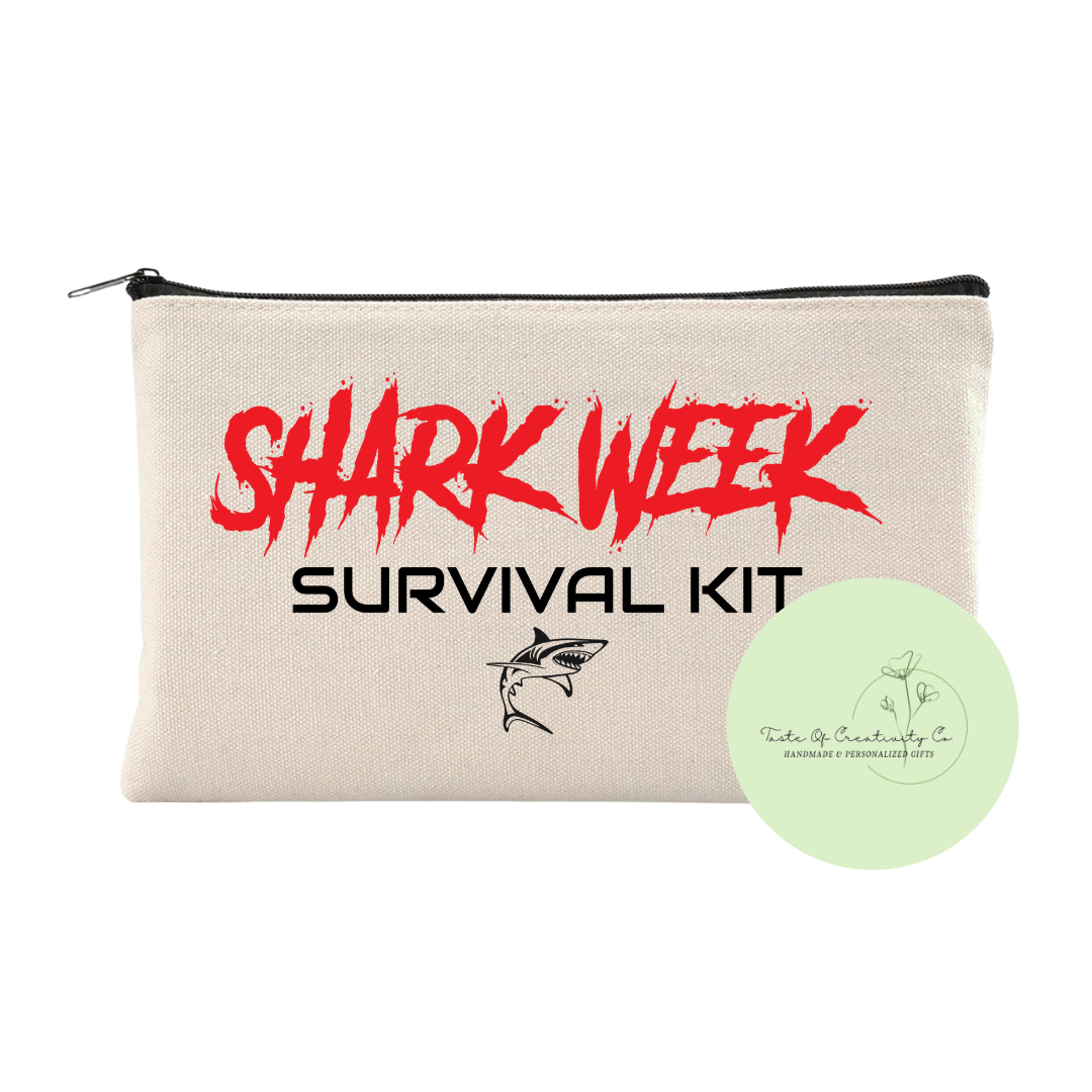 "Shark Week Survival Kit" Canvas Zipper Bag, Organizer Pouch, Zippered Travel Bag, Accessory Bag, Period Bag