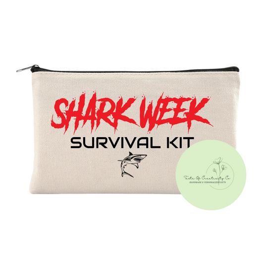 "Shark Week Survival Kit" Canvas Zipper Bag, Organizer Pouch, Zippered Travel Bag, Accessory Bag, Period Bag