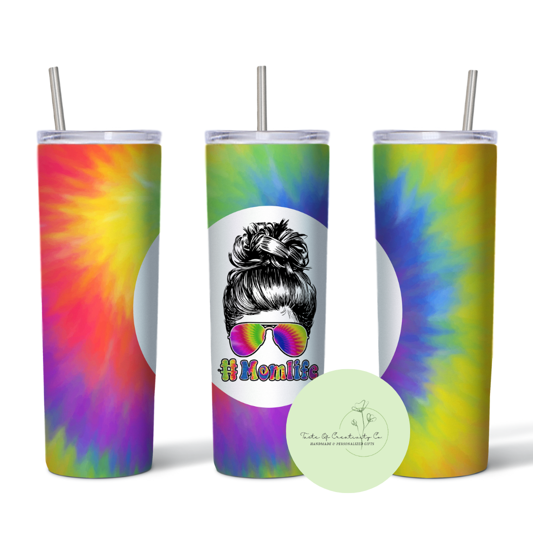 #MomLife Rainbow Tie-Dye 20oz. Sublimated Tumbler, Dishwasher Safe, Gift for Mom