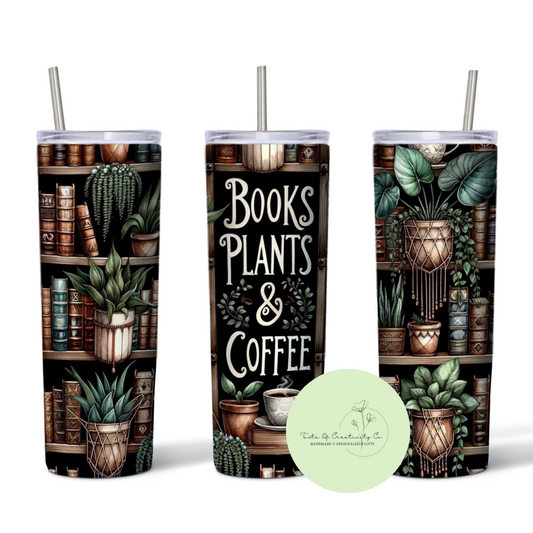 "Books, Plants & Coffee" 20oz. Sublimated Tumbler, Dishwasher Safe, Book Reader Gift, Plant Lover Gift, BookTok Gift