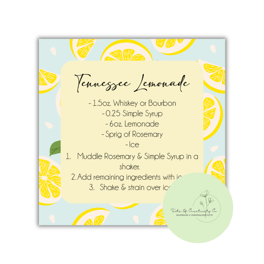 Tennessee Lemonade Coaster, Mixology Gift, Gift for Bartender, Drink Recipe Gift, Summer Collection