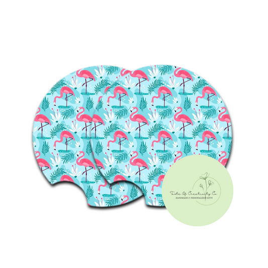 Tropical Flamingos Car Coaster Set, Car Accessory, Gift for Her, Flamingo Gift