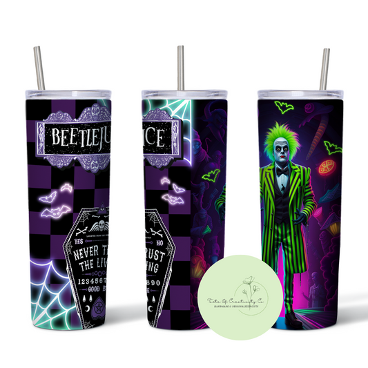 Checkered Beetlejuice 20oz. Sublimated Tumbler, Dishwasher Safe, Spooky Drinkware, Halloween Tumbler