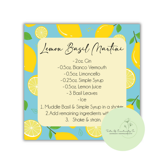 Lemon Basil Martini Coaster, Mixology Gift, Gift for Bartender, Drink Recipe Gift, Summer Collection