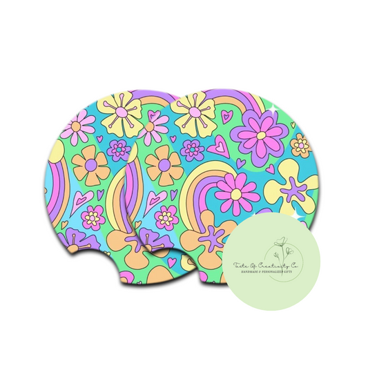 90's Groovy Car Coaster Set, Car Accessory, Vintage Gift, Groovy Hipster Pattern