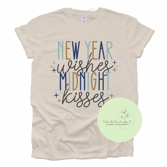 “New Year Wishes, Midnight Kisses” T-Shirt, New Years Apparel, NYE Shirt