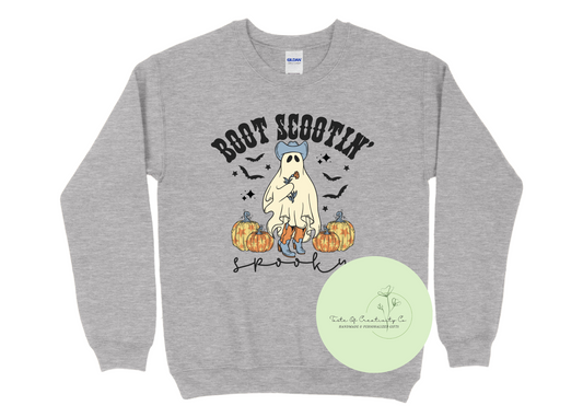 "Boot Scootin' Spooky" Crewneck Sweater, Spooky Disco Cowgirl Apparel, Halloween Sweater, Ghost Sweater