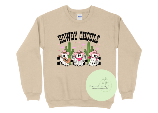 "Howdy Ghouls" Crewneck Sweater, Spooky Disco Cowgirl Apparel, Halloween Sweater, Ghost Sweater