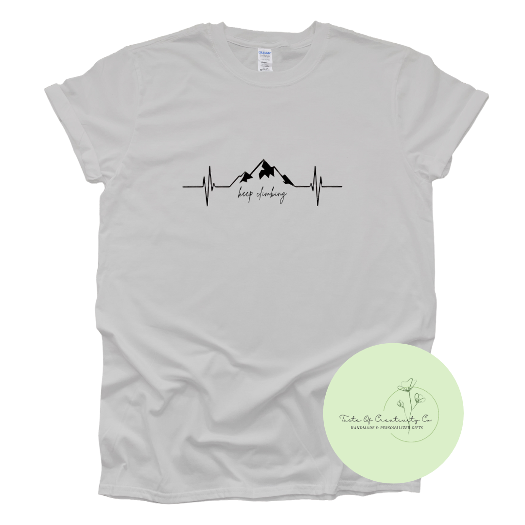 "Keep Climbing" Mountain Heartbreat T-Shirt, Mental Health Apparel, Mindsets & Mountains Collection