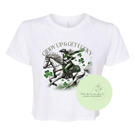 "Giddy Up & Get Lucky" Crop T-Shirt, Western T-Shirt, Country Apparel, St. Patrick's Day Apparel, Disco Cowgirl Collection