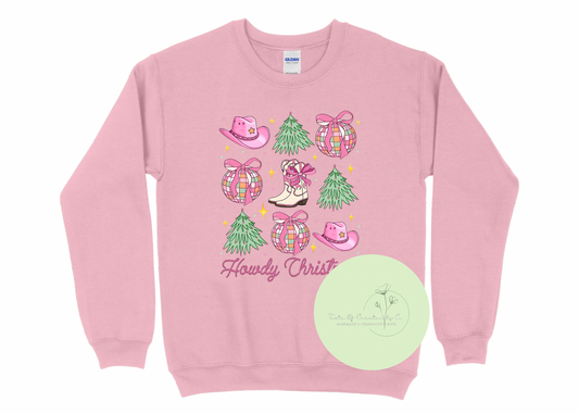 "Howdy Christmas" Crewneck Sweater, Disco Cowgirl Christmas Apparel, Christmas Crewneck Sweater, The Winter Wishes Collection