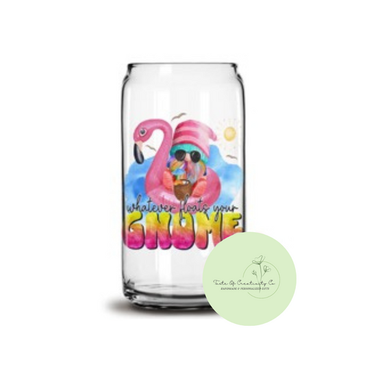 Whatever Floats Your Gnome Libbey Iced Coffee Glass w/ Bamboo Lid and Straw, Dishwasher Safe, Summer